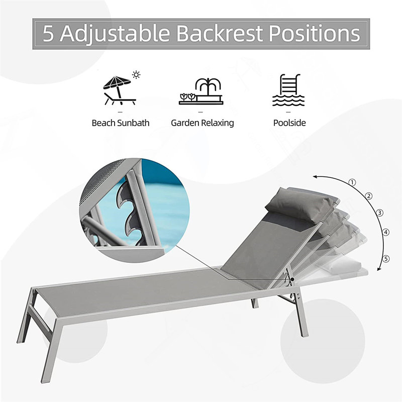 Ensemble de chaises longues de patio avec 2 chaises réglables en aluminium et 1 table, parfait pour la détente en plein air et les bains de soleil