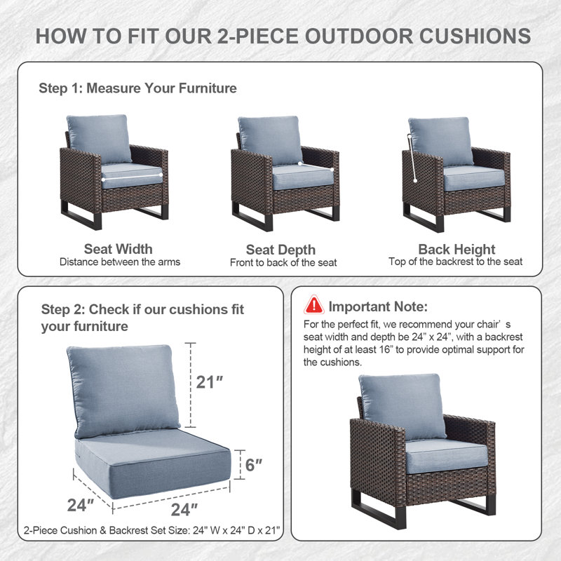 Allo 24"X24"X6" Thick Cushions & Pillows Set - Deep Seat Indoor/Outdoor Water & Fade Resistant, Baby Blue, 1