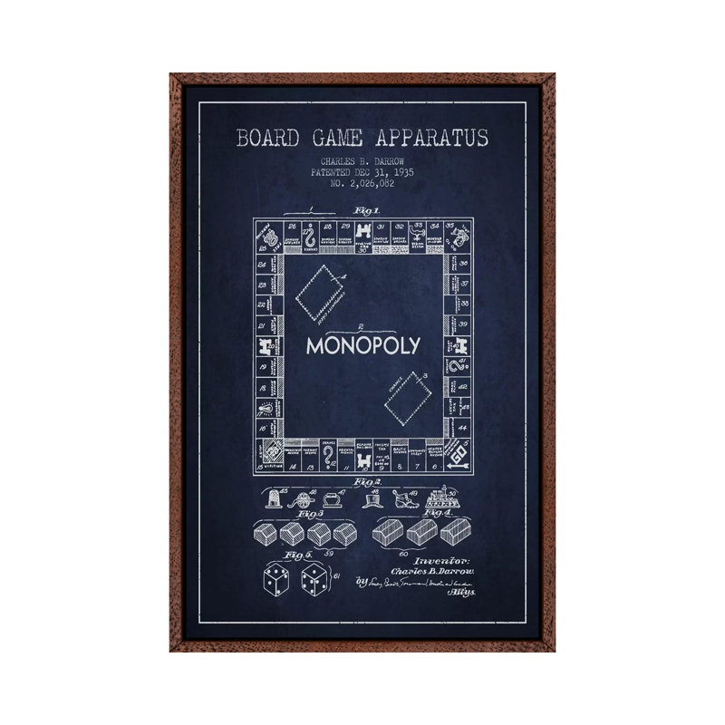 Monopoly Navy Blue Patent Blueprint by Aged Pixel - Print on Canvas, Classic Brown Wood Framed, 66.04 cm H x 45.72 cm W