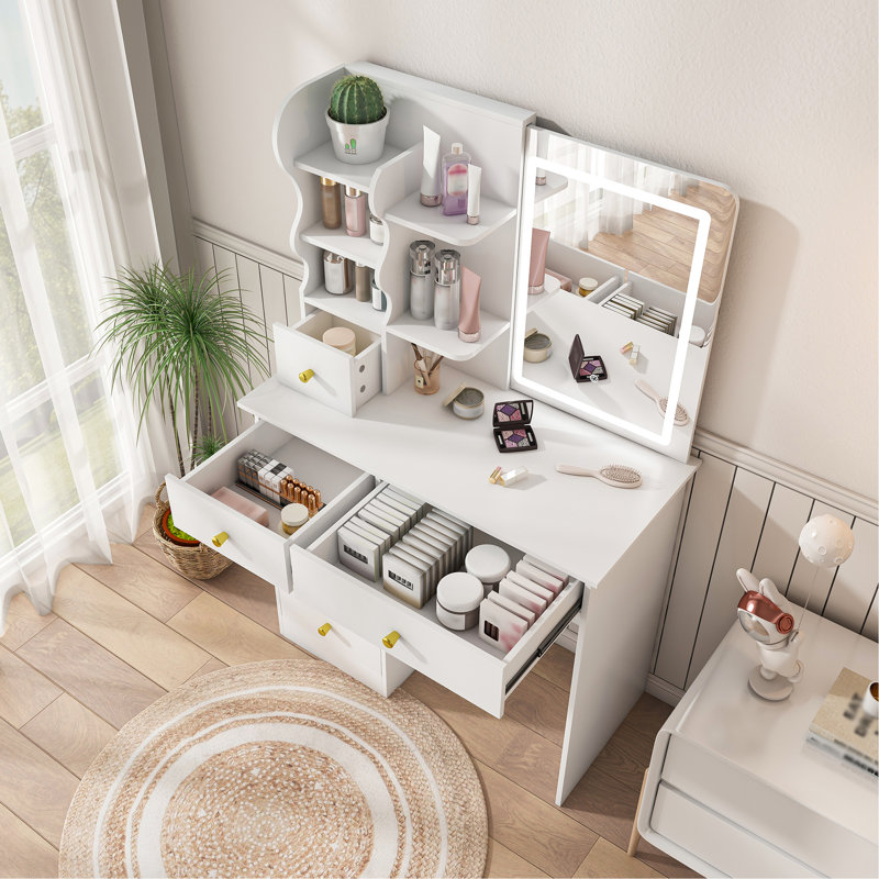 Coiffeuse blanche, miroir et lumière DEL, coiffeuse à 5 tiroirs, miroir mobile et caché, écran tactile en mode 3 couleurs, rangement pour les chambres des femmes et des filles