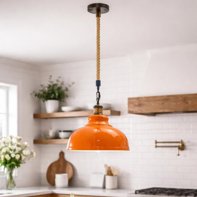Luminaire suspendu industriel en corde de chanvre, lampe suspendue avec abat-jour courbé en métal 11,4 po, luminaire suspendu en corde rétro E26 pour îlot de cuisine, salle à manger, chambre à coucher, entrée