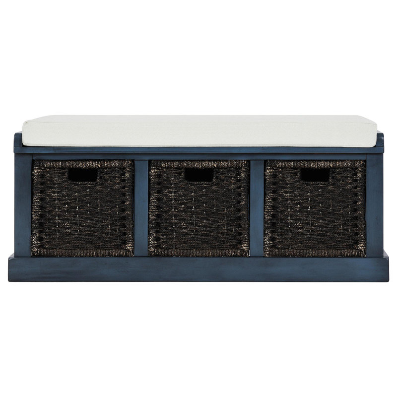 Rustic Storage Bench With 3 Removable Classic Rattan Basket , Entryway Bench With Removable Cushion (Antique Navy)