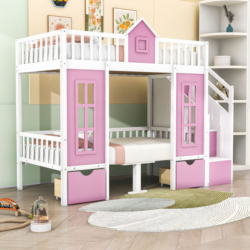 Anecia Convertible Bunk Bed With Desk And Storage Drawers,Shelves, Twin Over Twin, Pink
