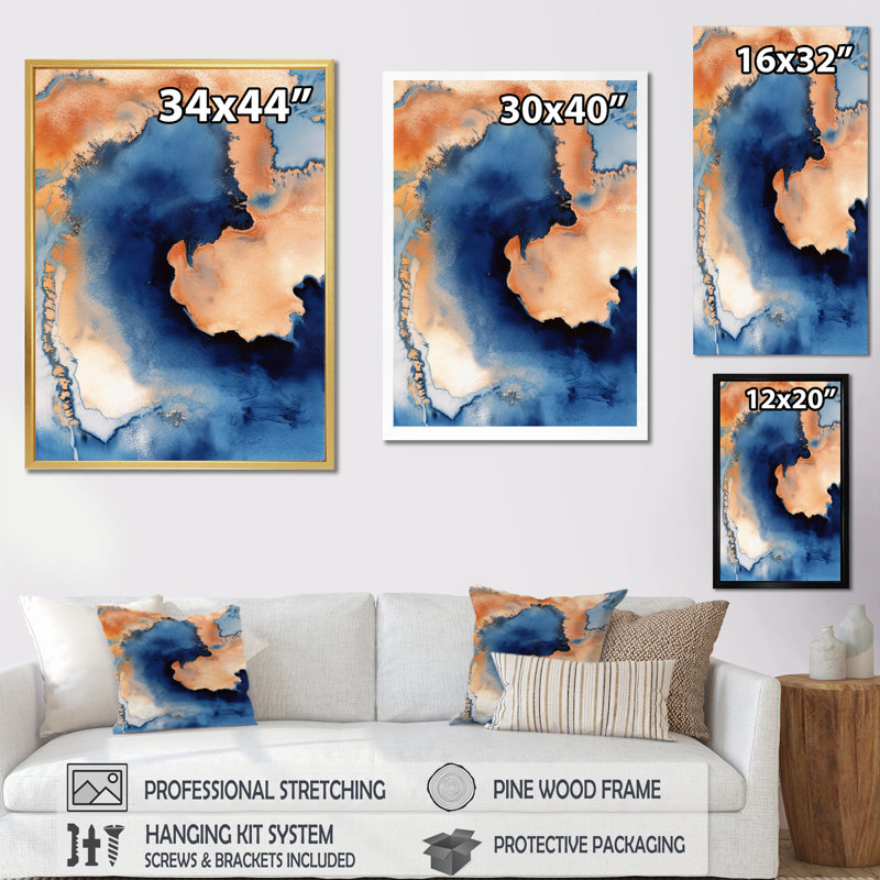 Nuage de marbre bleu et beige I - impression, H 44 po x l 34 po x P 1,5 po, Toile tendue