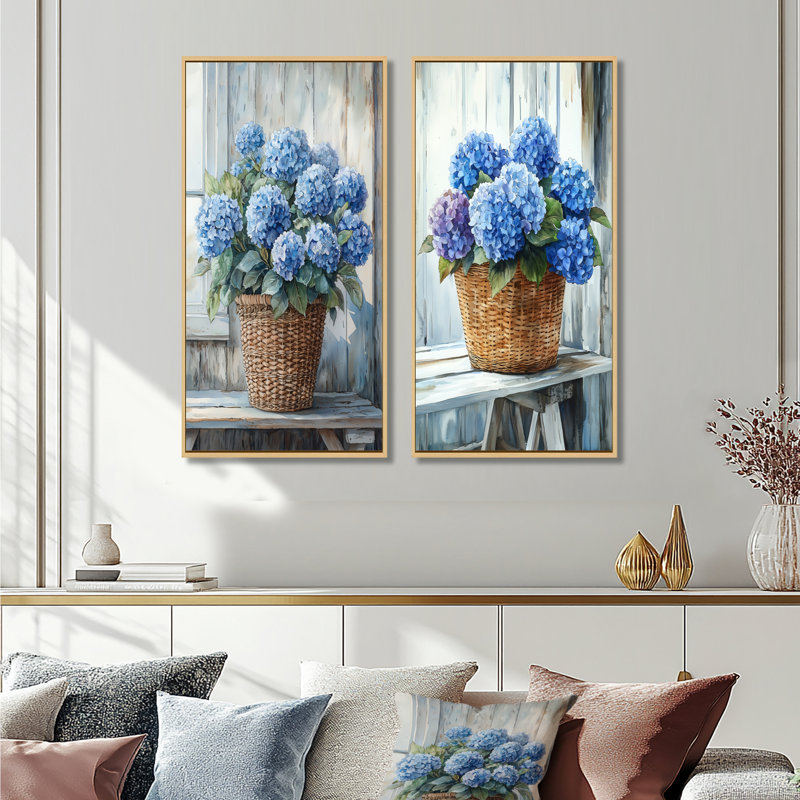 Hydrangeas In A Farm Basket I - Floral Canvas Prints 2 Panels Collection, H 40 po x l 41 po, Cadre crème crème