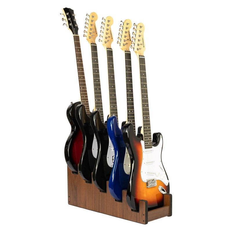 Wooden Guitar Stand For Multiple Guitars, 5-Holder, Front Display Space-Saving Floor Guitar Rack For Home, Studio, Stage, Walnut Color (For 5 Electric/Bass)