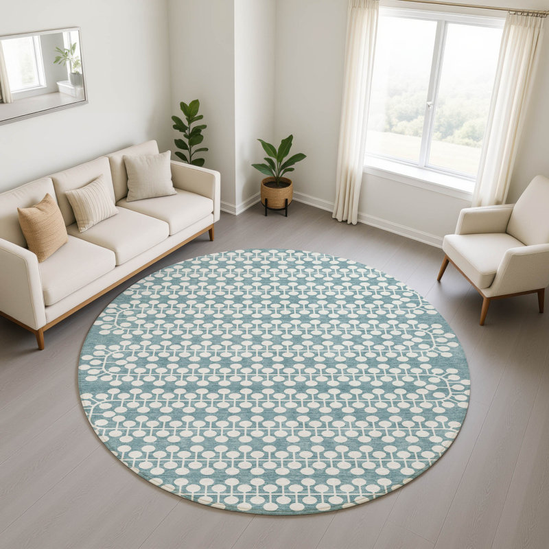Premium Machine Washable Mayfield AMF2247 Geometric Rug, Teal, 8' Round