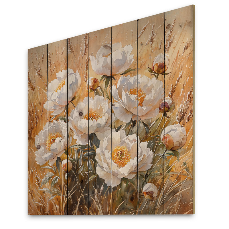 Peonies In The Warm Autumn Field I - Peonies Wood Wall Art - On Natural Pine Wood, 15" H x 15" W x 0.78" D