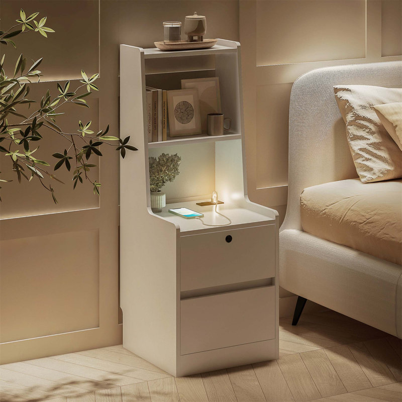 Table de chevet intelligente avec station de charge et lumière DEL à commande vocale, table de chevet moderne avec armoire de rangement