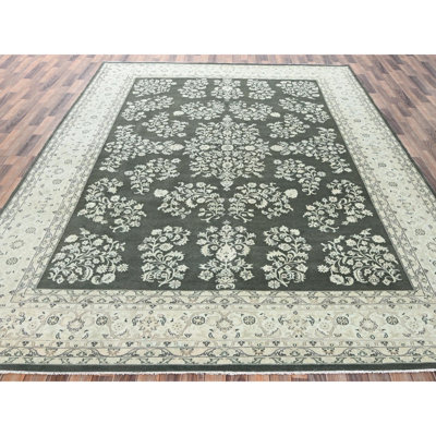 Tapis oriental vert foncé 9 pi 8 po x 14 pi 2 po Indo Sarouk avec motif intégral, nettoyage professionnel, côtés et extrémités sécurisés, noué à la main, 100% laine, tapis oriental