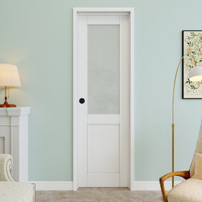 18" x 80" Half-Lite Frosted Glass Interior Prehung Door with Round Knob and Black Hinges, Privacy Glass Door Slab, Paintable & Waterproof, Suit for Laundry, Closet Doors, Room Doors, Right Hand