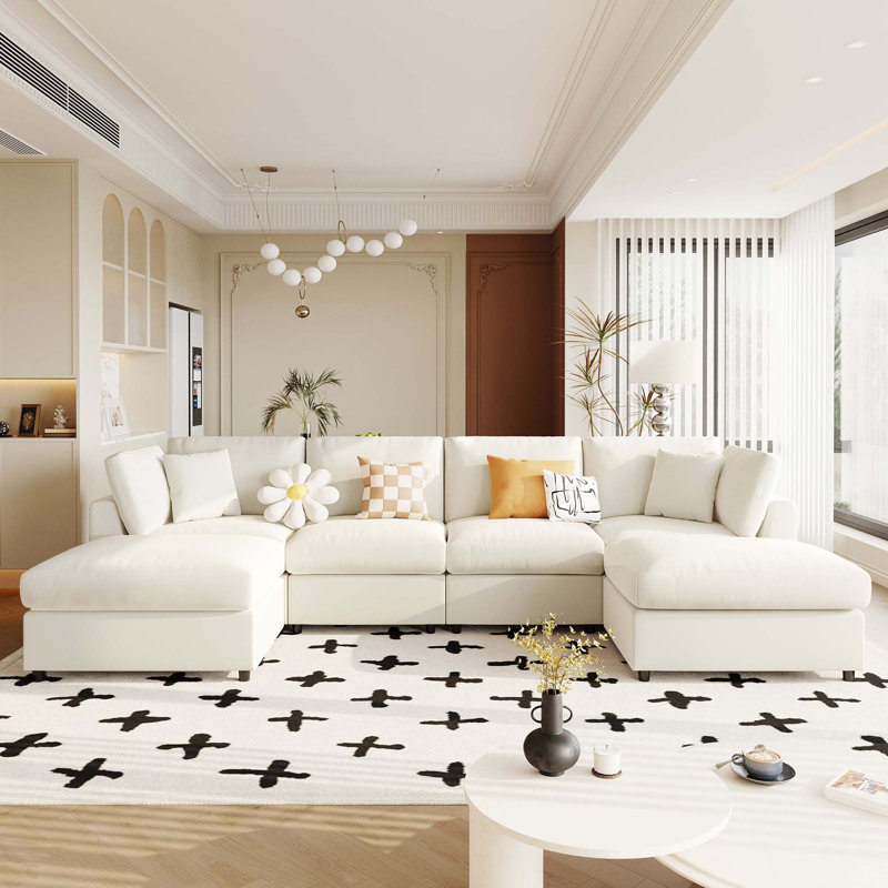 Canapé modulaire en chenille de qualité supérieure avec repose-pieds mobile, Chenille beige