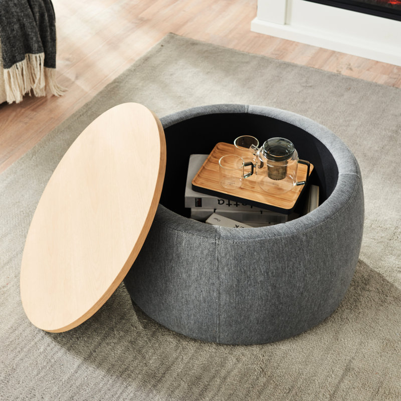 Round Storage - Dark Grey. 2 In 1 Function, End Table & . Handmade. Linen Upholstery. 25.5X25.5X14.5. 250Lbs Weight Capacity , Acts As And Seat. Handmade With Linen. 25.5"X25.5"X14.5". Holds Up To