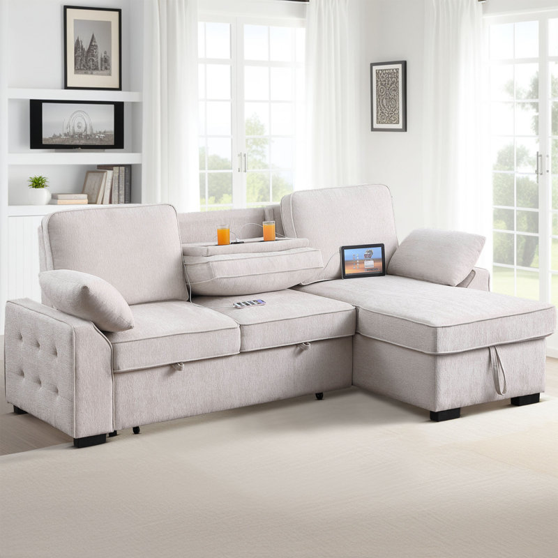 91" Convertible Sleeper Sectional Sofa with Pull-Out Bed, Storage Armrest, and Storage Chaise, Beige Polyester Blend