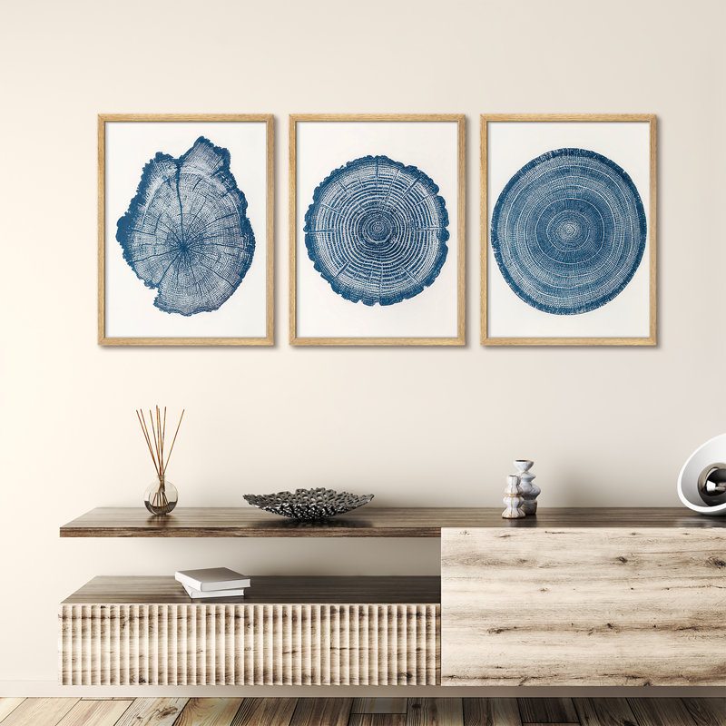 Ensemble de 3 reproductions d'art encadrées à motif de cercles de grain de bois en bleu Indigo, H 14 po x l 11 po, Naturel