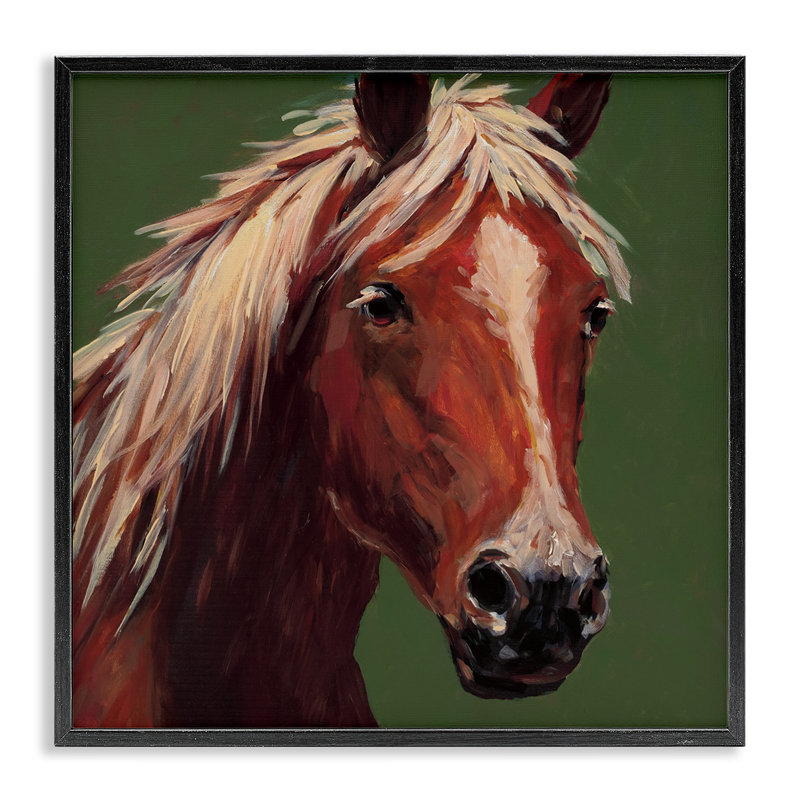 Cheval moderne sur giclée verte encadrée, design par Wani Pasion, H 12 po x l 12 po, Giclée encadrée noir minuit
