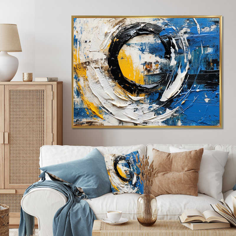 Fusion cubiste bleue et blanche sur toile, Cadre flottant doré, H 30 po x l 40 po x P 1,5 po