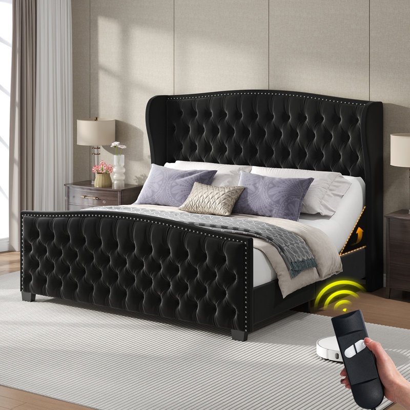 Lit ajustable en velours de 50,8 po avec tête de lit à oreilles et capitonnage profond capitonné, Grand lit, Noir