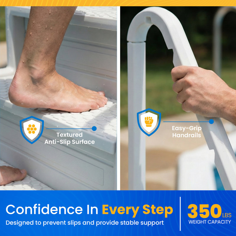 Blue Wave Easy Pool Steps – Above Ground Pool Ladder Anti-Slip Wide Stairs for Above Ground Pools with Handles – Fits 48- 54 Inch Pools, 350-lb Limit, Includes Deck Mounting Brackets – White Vinyl