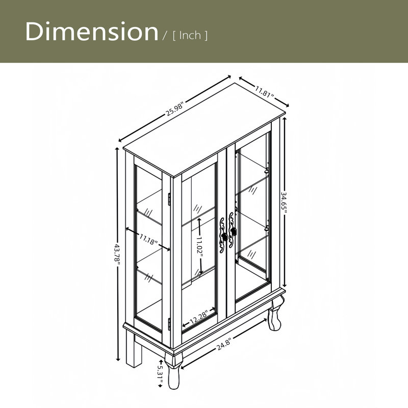 2 Doors Curio Cabinet With Tempered Glass Doors, Curio Cabinets With Mirrored Back Panel And Adjustable Shelves, Lighted Display Cabinet For Home