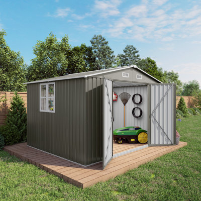 Grande remise de rangement extérieure en métal gris 10 x 8 pi avec loquet verrouillable sur les portes doubles, évent et fenêtre transparente pour les outils, les tondeuses à gazon, les vélos, - Installation facile à installer L 120 po x l 96 po x H 76,4 po