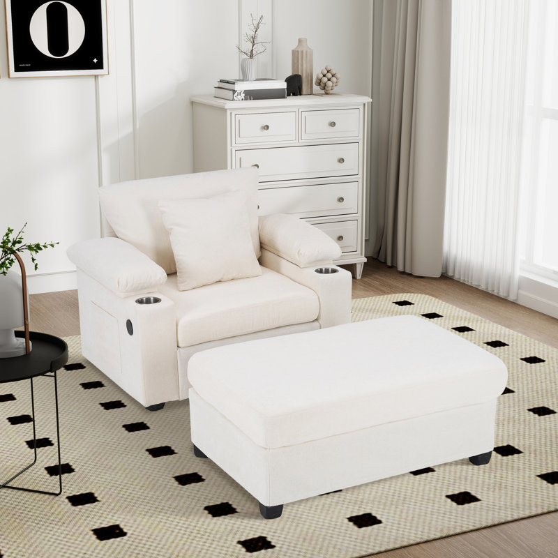 Fauteuil d'appoint surdimensionné en chenille avec repose-pieds, Chenille beige