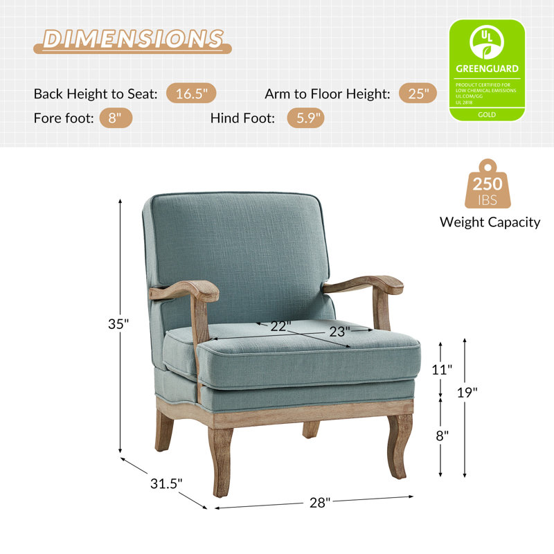 Fauteuil de ferme en polyester de 28 po avec pieds en bois massif Amilio, Bleu