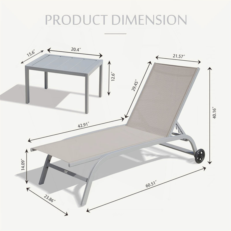 Chaise Lounge Outdoor Set Of 3, Lounge Chairs For Outside With Wheels, Outdoor Lounge Chairs With 5 Adjustable Position, Pool Lounge Chairs For Patio, Beach(2 Lounge Chairs+1 Table)
