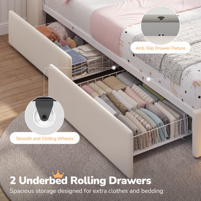 Lit double avec tête de lit rembourrée et rangement dissimulé, cadre de lit d'angle convertible avec 2 tiroirs, lumières DEL et station de recharge pour filles, gain de place, beige