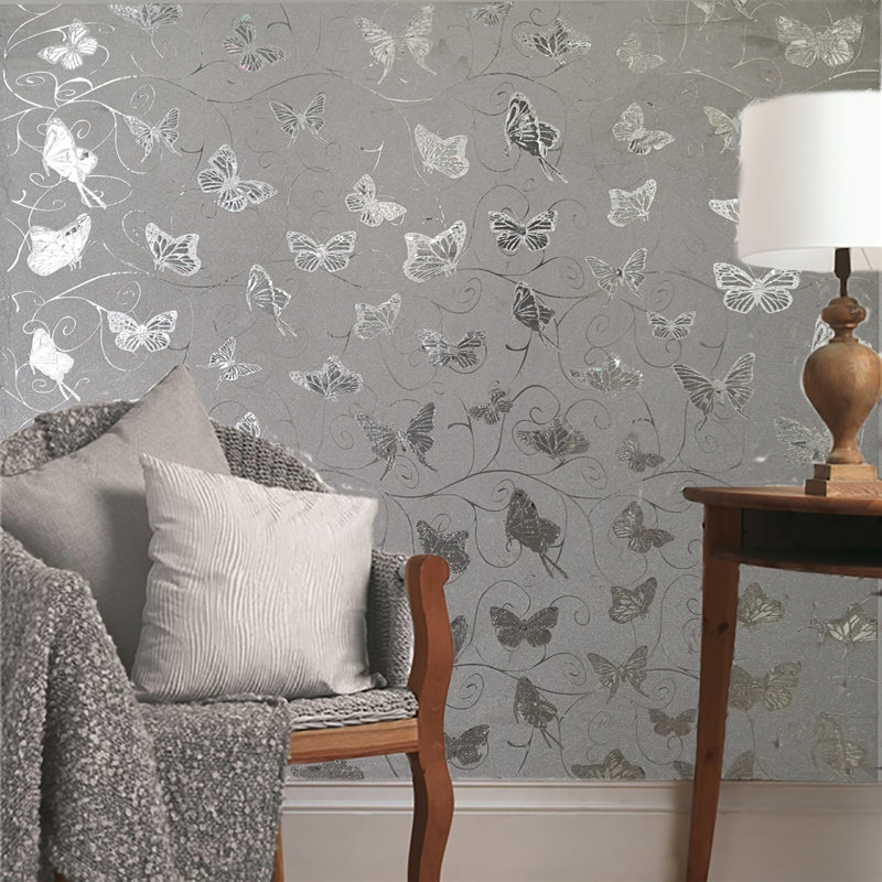 Animals Glitter Silver, Grey Butterflies, Vines Peel And Stick Self Adhesive Removable Wallpaper, Roll 18 Ft X 18 In