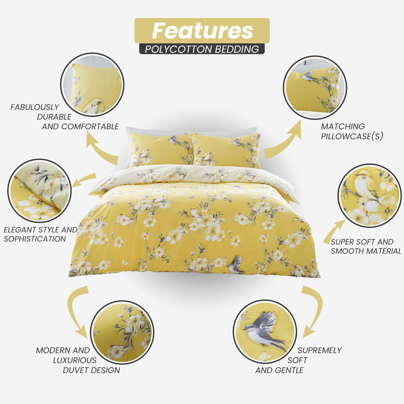 Birdie Blossom Duvet Cover and Pillowcases Set, Double, Polycotton, Machine Washable, Soft Yarn Bedding