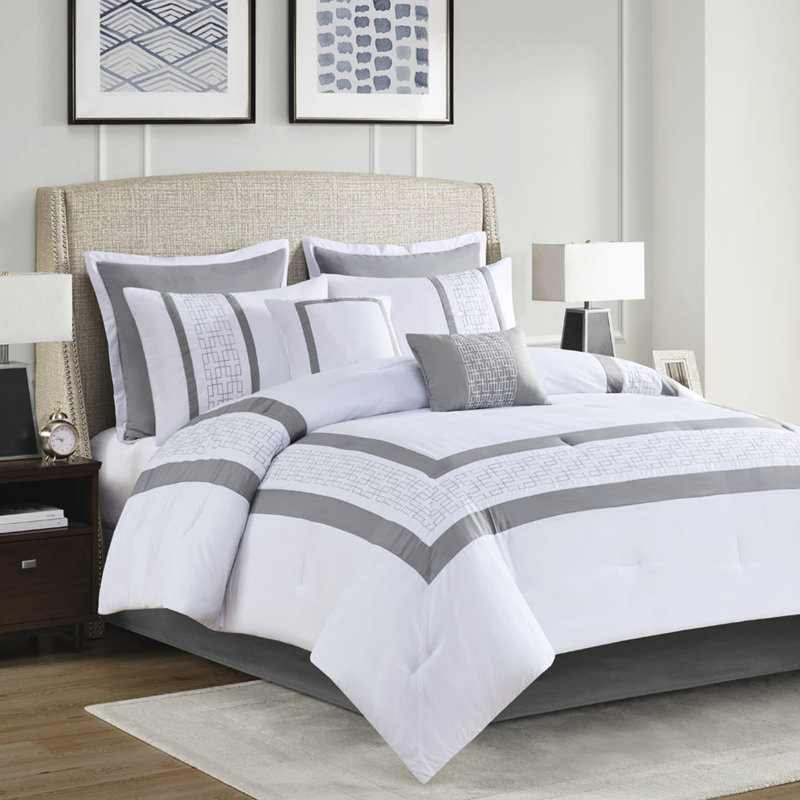 Édredon pour grand lit 8 pièces - Superbe broderie blanche et grise avec bourre de literie, taies décoratives, coussins décoratifs euro