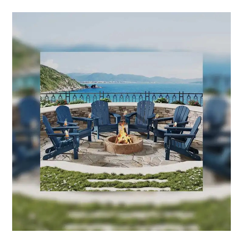 All-Weather Collapsible Adirondack Chair Set of 6 – HDPE Patio Chairs with Cup Holders, Wooden Texture, for Outdoor, Garden, Deck, Fire Pit – Embossed Wood Grain - Navy Blue 6-Pack