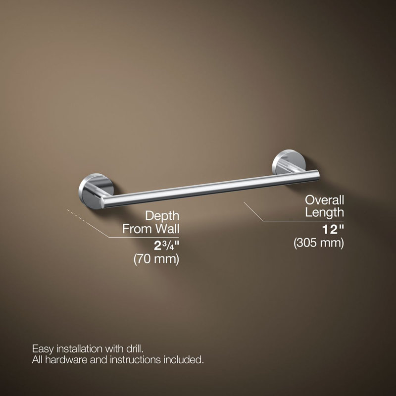 Porte-serviettes mural, H 2 po x l 12 po x P 2,75 po, Chrome poli