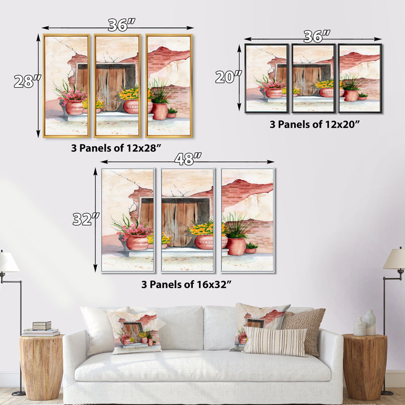 Vieille porte en bois, mur de briques et quelques plantes I - reproduction de cadre photo sur toile 3 pièces, Cadre blanc