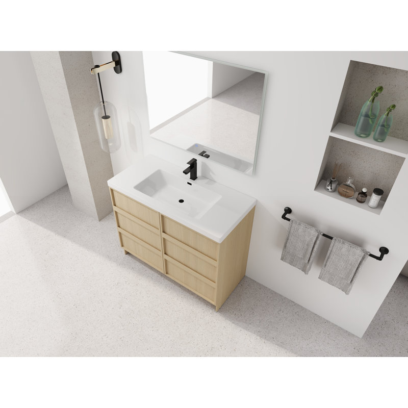 Meuble-lavabo autoportant de 42 po avec lavabo en résine et 2 portes d'armoire à fermeture en douceur, contreplaqué, chêne Dune (KD-PACKING)
