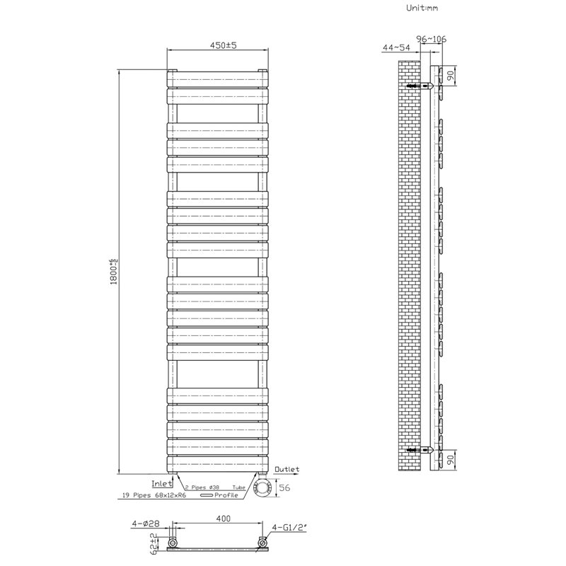 Flat Panel Towel Rail Heated Towel Rails, Anthracite, 180cm H x 45cm W x 6.2cm D