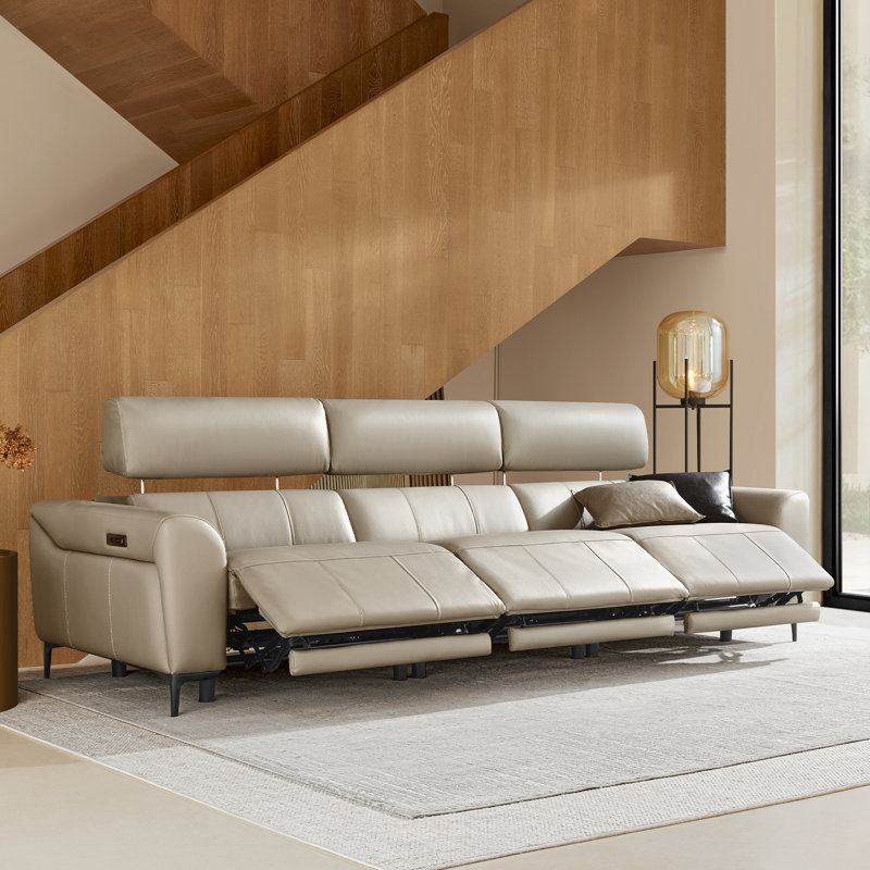 3-Piece Dual Motor Genuine Leather Zero Wall Sofa With Power Headrest, Triple Power Seats, Light Gray