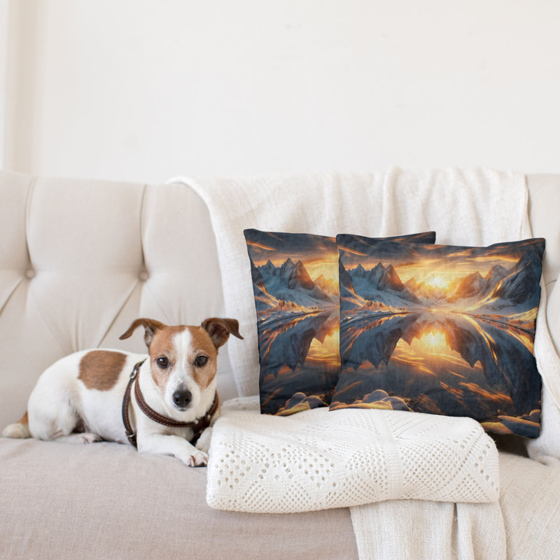 Orange and Dark Blue Mountain Lake Microfiber Throw Pillow Set