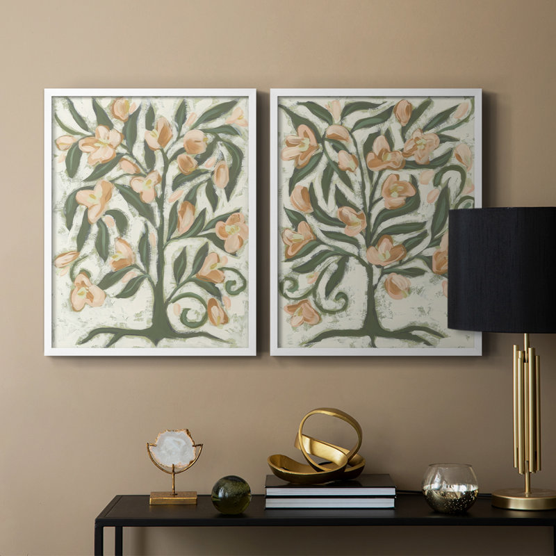 «Folk Peach Blossoms I», reproduction encadrée de qualité supérieure - prête à être accrochée - aucun clou requis - aucun clou requis