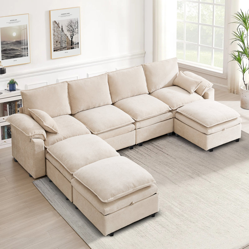 7 Seat Chenille U Shaped Modular Sectional Sofa With Storage, Beige