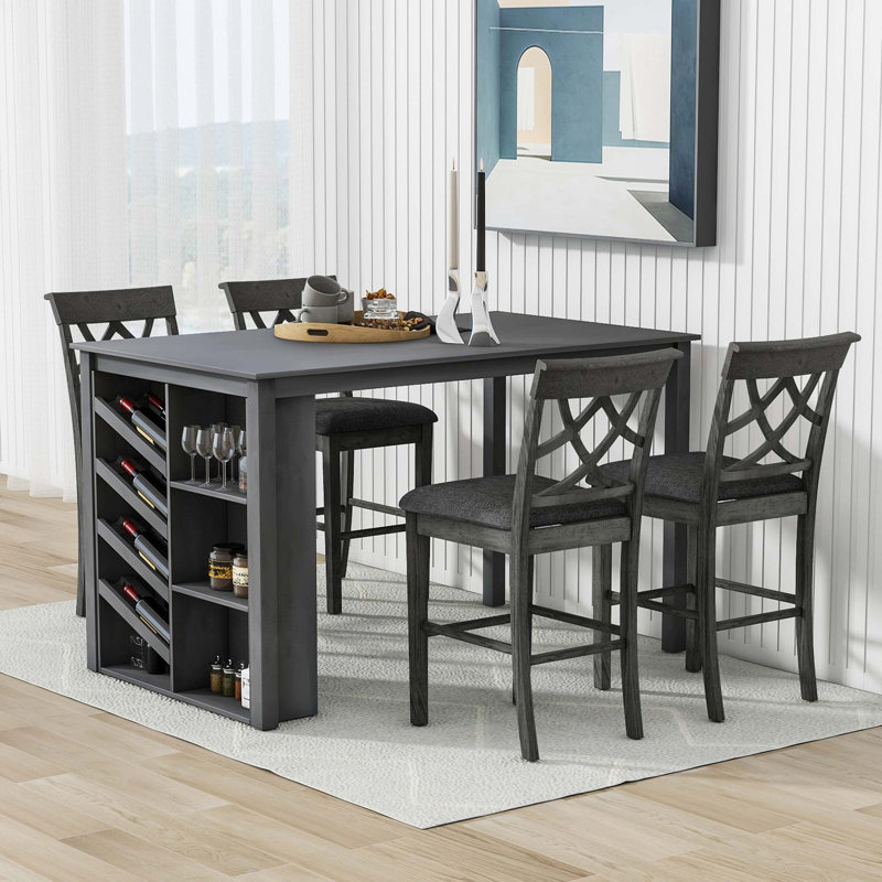 Ensemble de table de salle à manger en bois massif 5 pièces, table avec support à vin incurvé et 4 chaises rembourrées, Gris