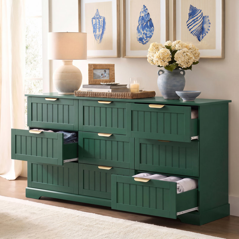 Commode 9 tiroirs, commode moderne l 63 po avec poignée en métal, Green