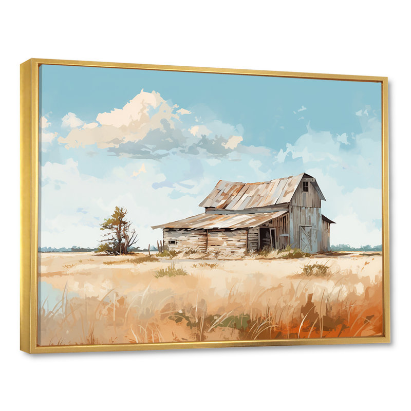 Charme de grange minimalisme sur toile, Cadre flottant doré, H 34 po x l 44 po x P 1,5 po