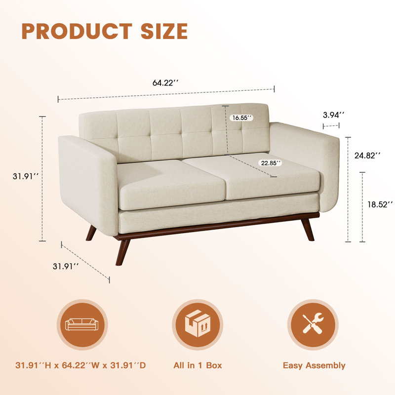 Upholstered Loveseat, Beige Cotton Blend/Linen Blend