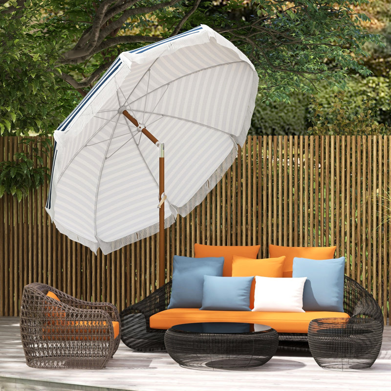 Parasol d'extérieur 7 x 7 pi avec inclinaison et évent - Auvent à rayures bleues à franges pour auvent ombragé, 7 parasols de patio
