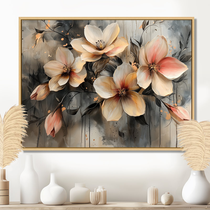 Gloden Symphony of Abstract Fuschia Flowers II - Fuschia, art mural, Cadre flottant, H 16 po x l 32 po, Naturel