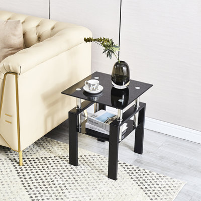 Table d'appoint en verre trempé avec rangement, idéale pour les petits espaces, montage rapide et facile. Design moderne noir. Assemblage facile.
