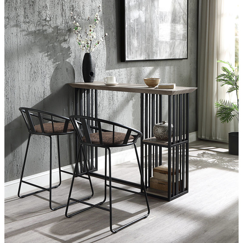 Table à hauteur de comptoir avec plateau en chêne et 2 tablettes - Base en métal noir sablé 2 tablettes pour une utilisation polyvalente