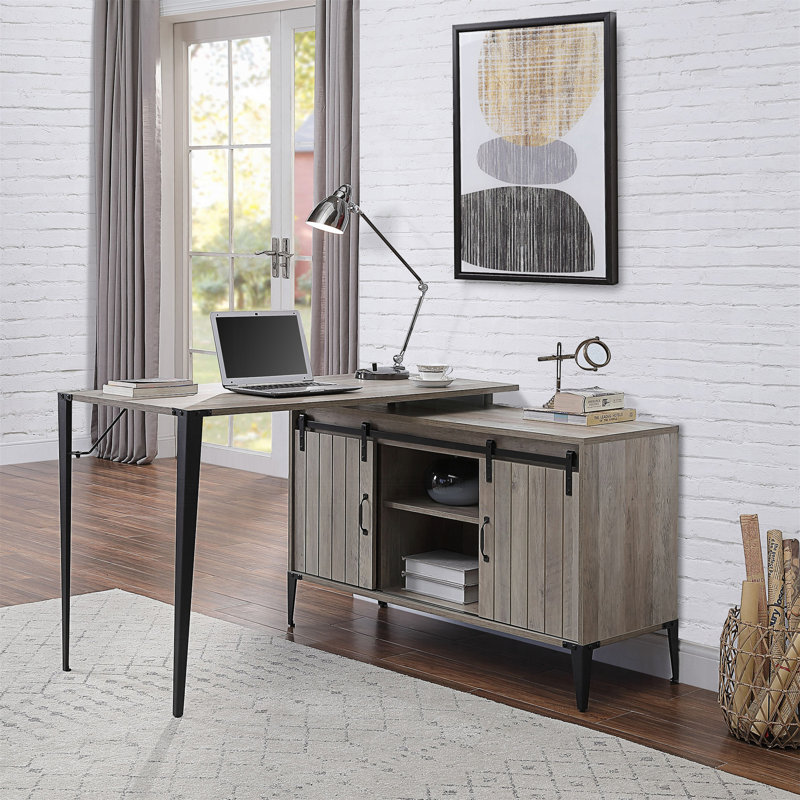 Bureau d'écriture en chêne gris avec porte de grange coulissante, Gris / Noir